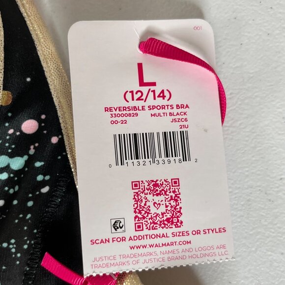 Justice Girls Reversible Sports Bra Black Gold Shiny Size Large 12/14 New - Picture 12 of 12